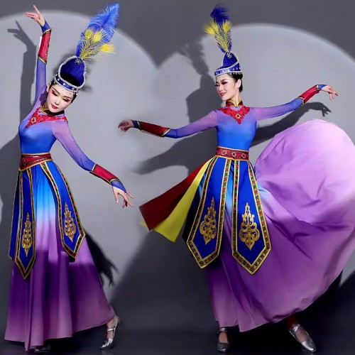 Women Girls Chinese folk Mongolian dance costume Blue Purple Gradient Ethnic minority Mongolian dance long big swing skirt art test long skirt suit